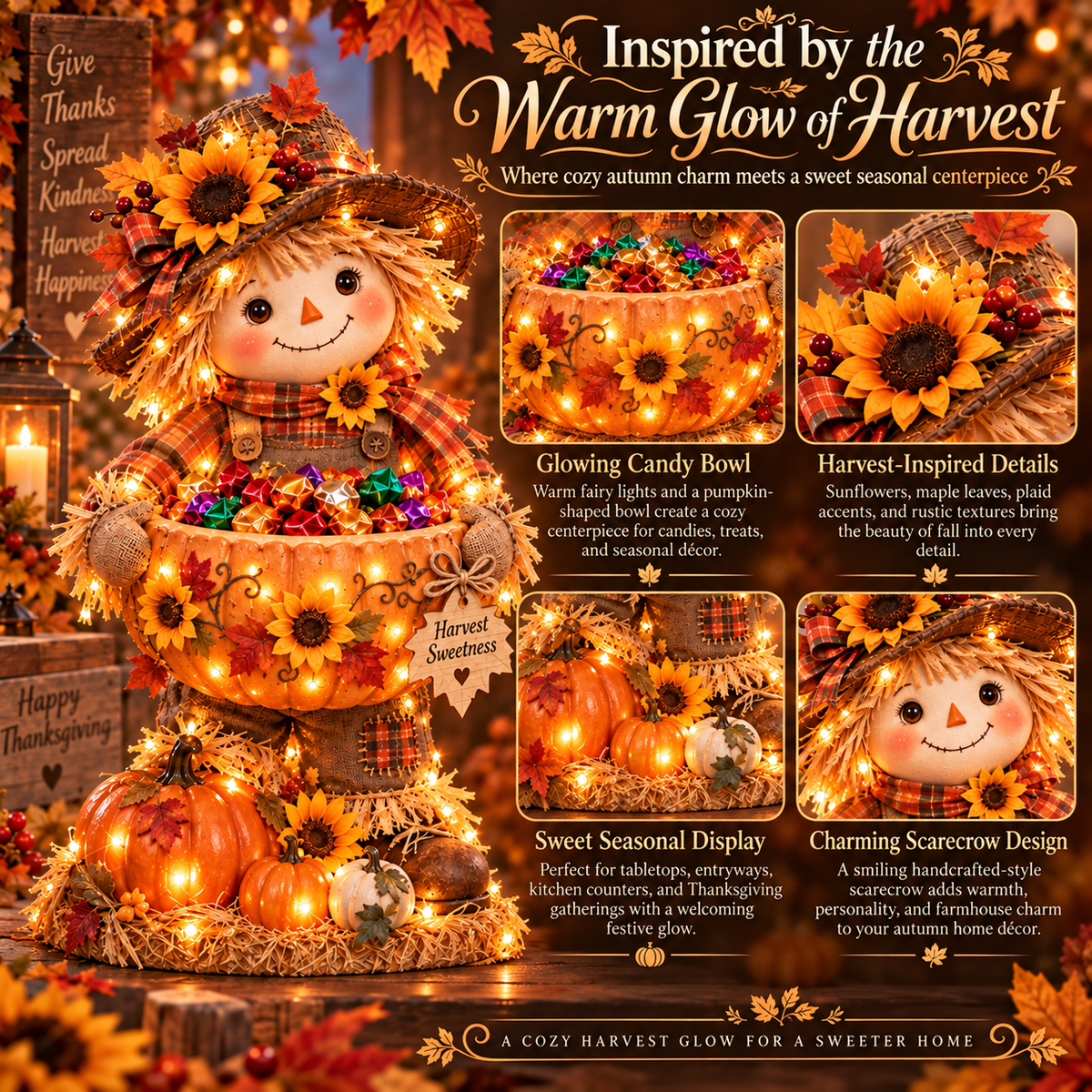 🎃🍂 Harvest Glow – Light-Up Scarecrow Candy Bowl | Halloween & Fall Porch Decor
