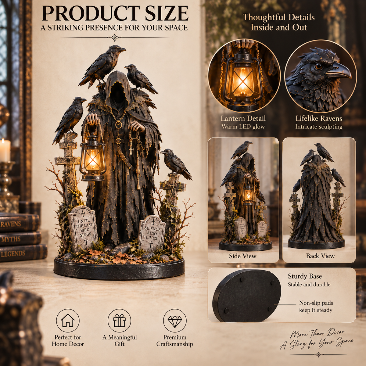 🐦⬛ Keeper of the Last Light – Raven Guardian Lantern Statue