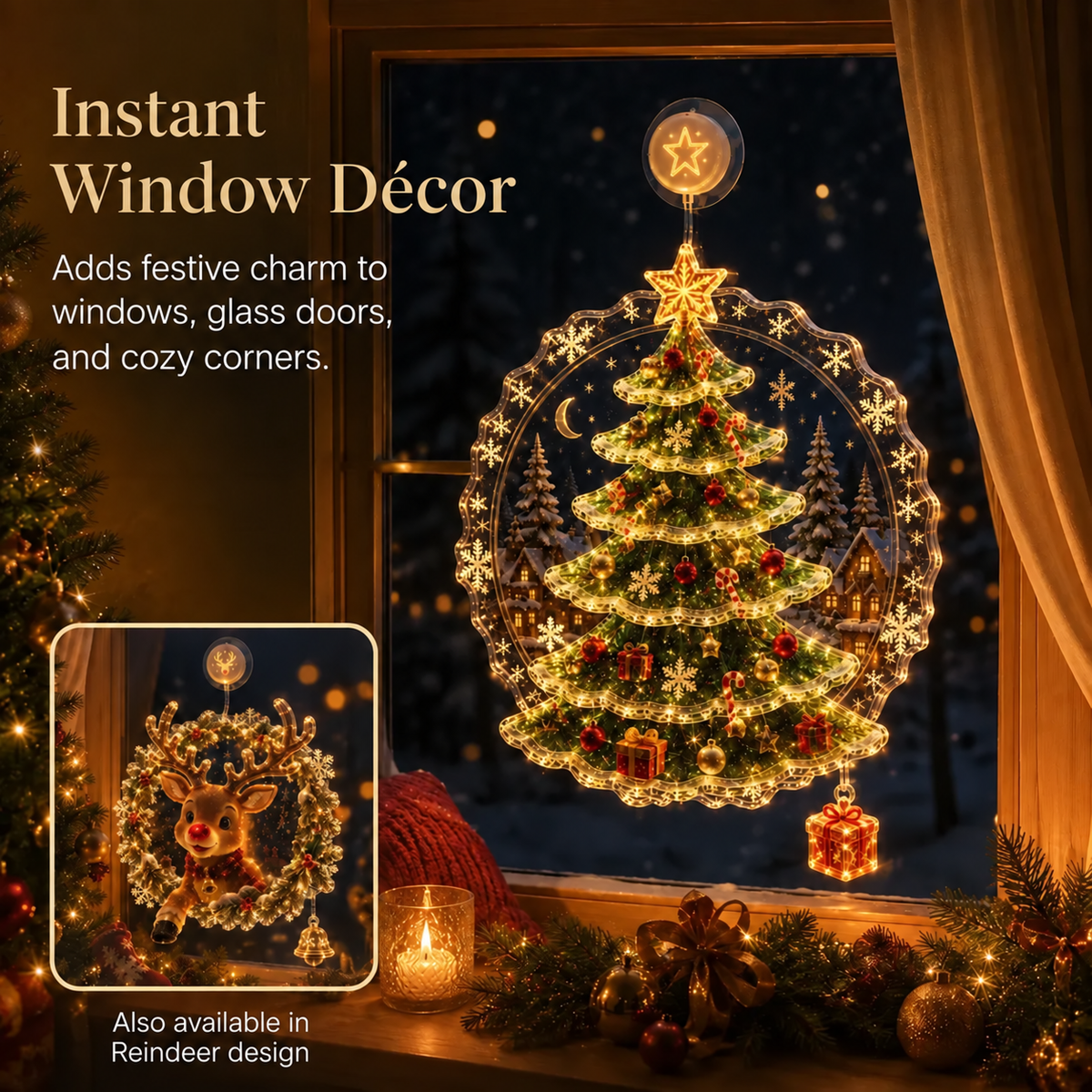 ✈️Last Day 50% OFF✨🎄Lighted Christmas Window Decoration with Suction Cup | Flat Verison Warm LED Window Light with Double-Layer Design & Multiple Festive Styles ✨
