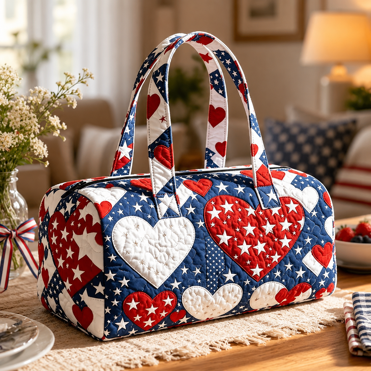 💙Patriotic Quilted Tote Bag | 3D Floral American Flag Travel Duffel