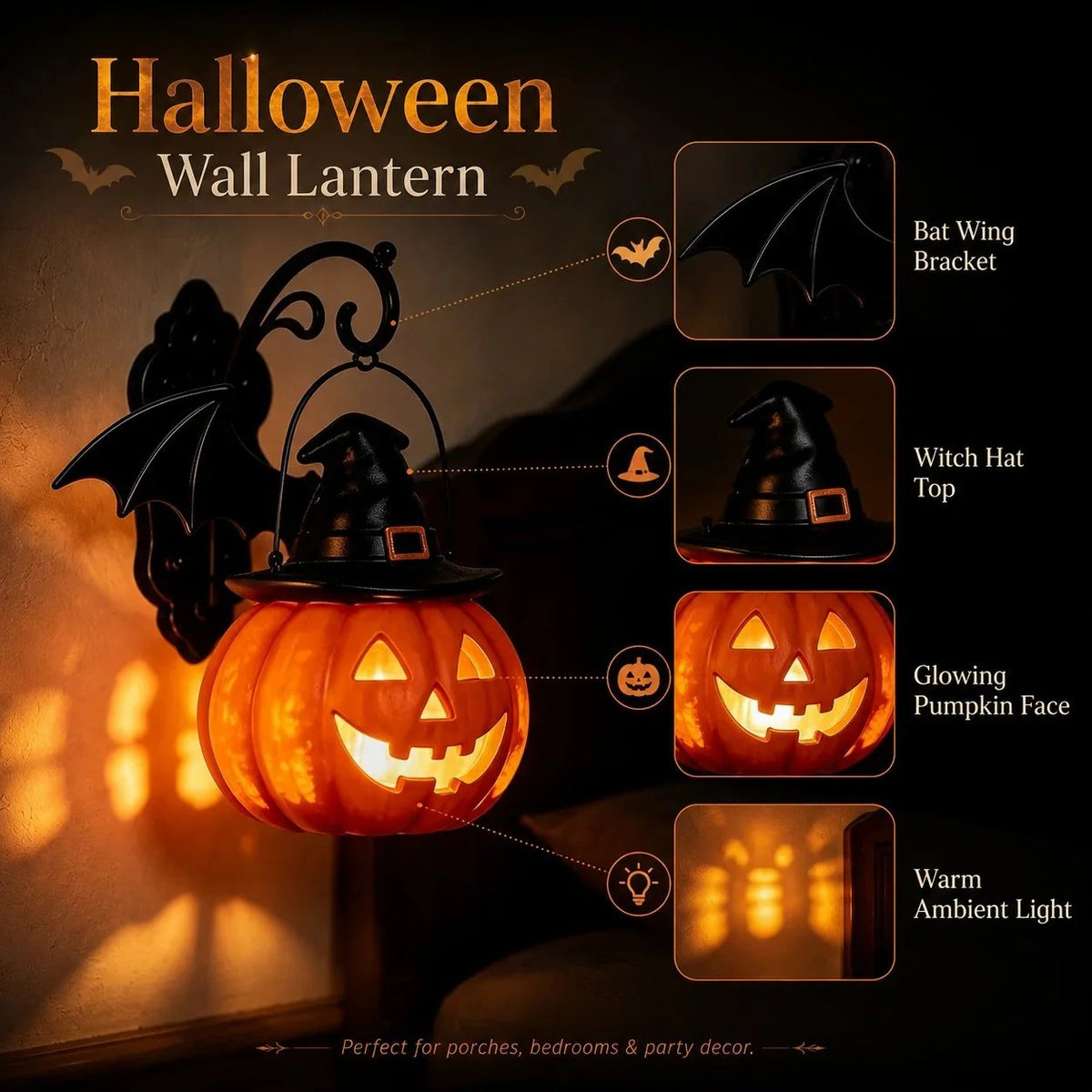 🔥50% OFF 🎃🦇 Bat Hat Pumpkin Wall Lamp – Halloween Decor