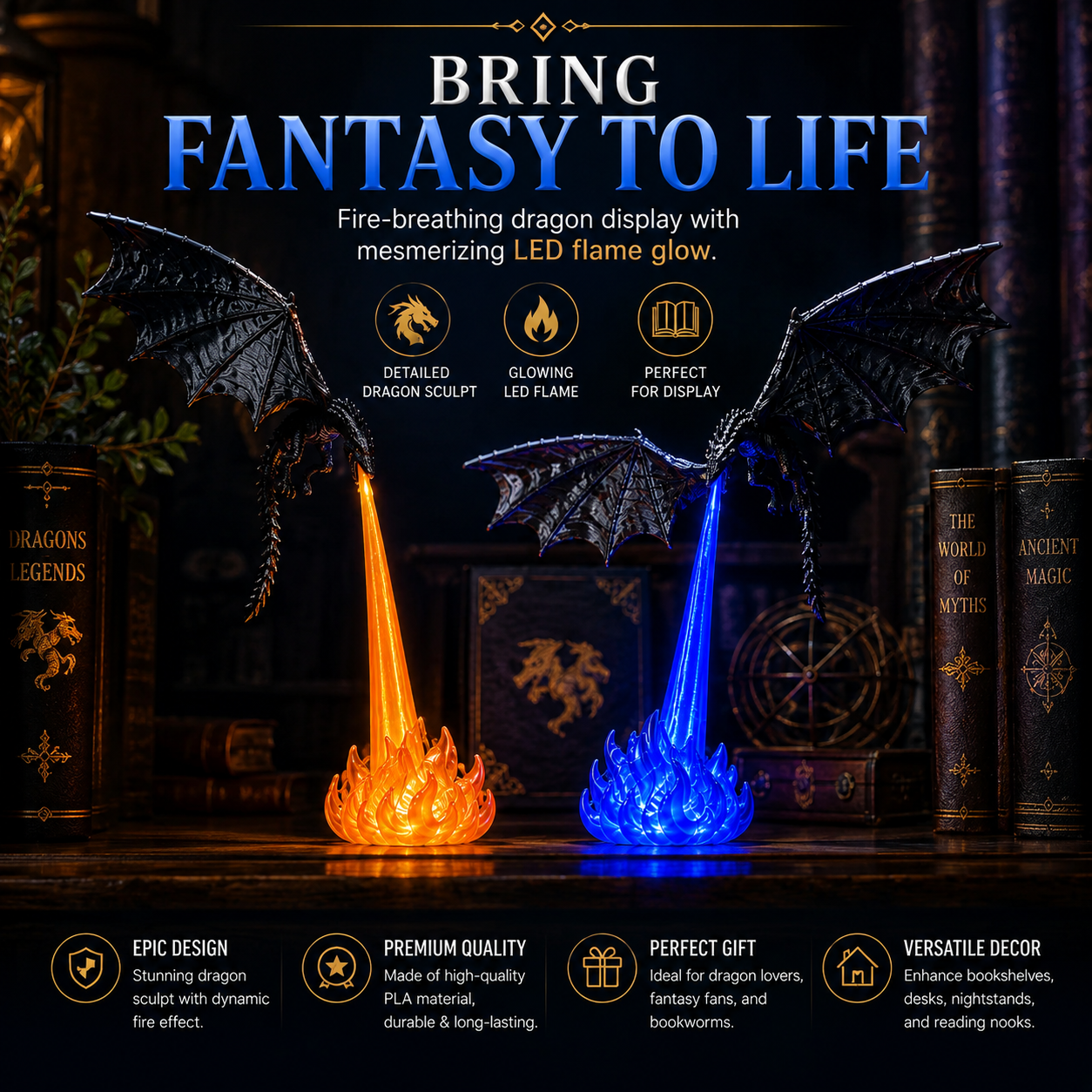 🌎Ends Today: 70% OFF!🔥 HOT SALE 🐉| 3D Fire-Breathing Dragon LED Display – Fantasy Bookshelf Decor with Glowing Flame