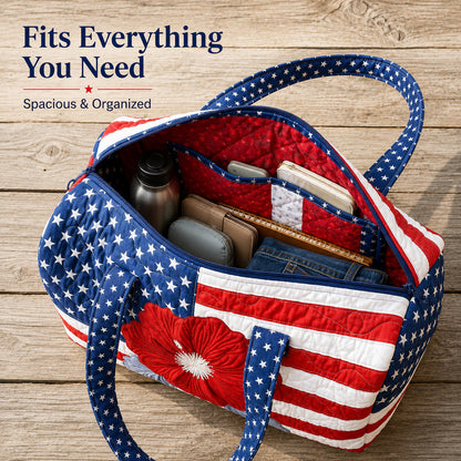 💙Patriotic Quilted Tote Bag | 3D Floral American Flag Travel Duffel