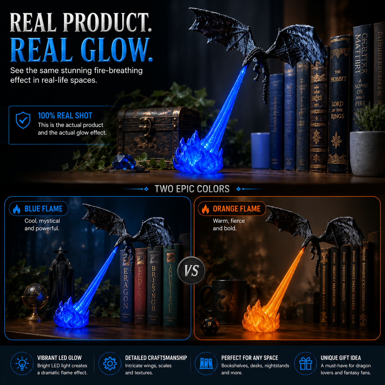 🌎Ends Today: 70% OFF!🔥 HOT SALE 🐉| 3D Fire-Breathing Dragon LED Display – Fantasy Bookshelf Decor with Glowing Flame