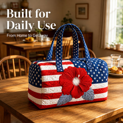 💙Patriotic Quilted Tote Bag | 3D Floral American Flag Travel Duffel