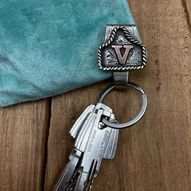 Vintage Brass Initial Cow Tag Keychain