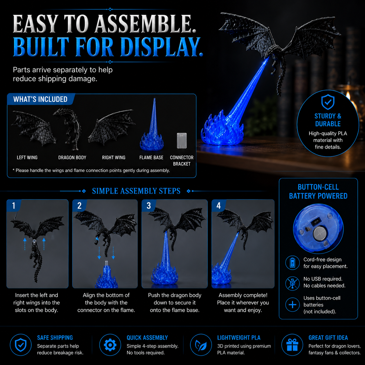 🌎Ends Today: 70% OFF!🔥 HOT SALE 🐉| 3D Fire-Breathing Dragon LED Display – Fantasy Bookshelf Decor with Glowing Flame