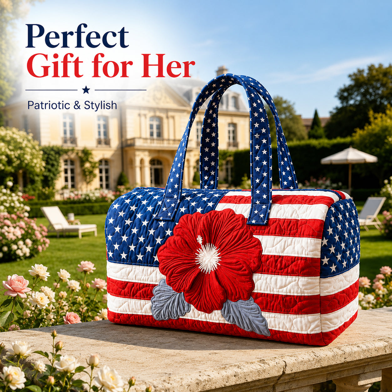 💙Patriotic Quilted Tote Bag | 3D Floral American Flag Travel Duffel