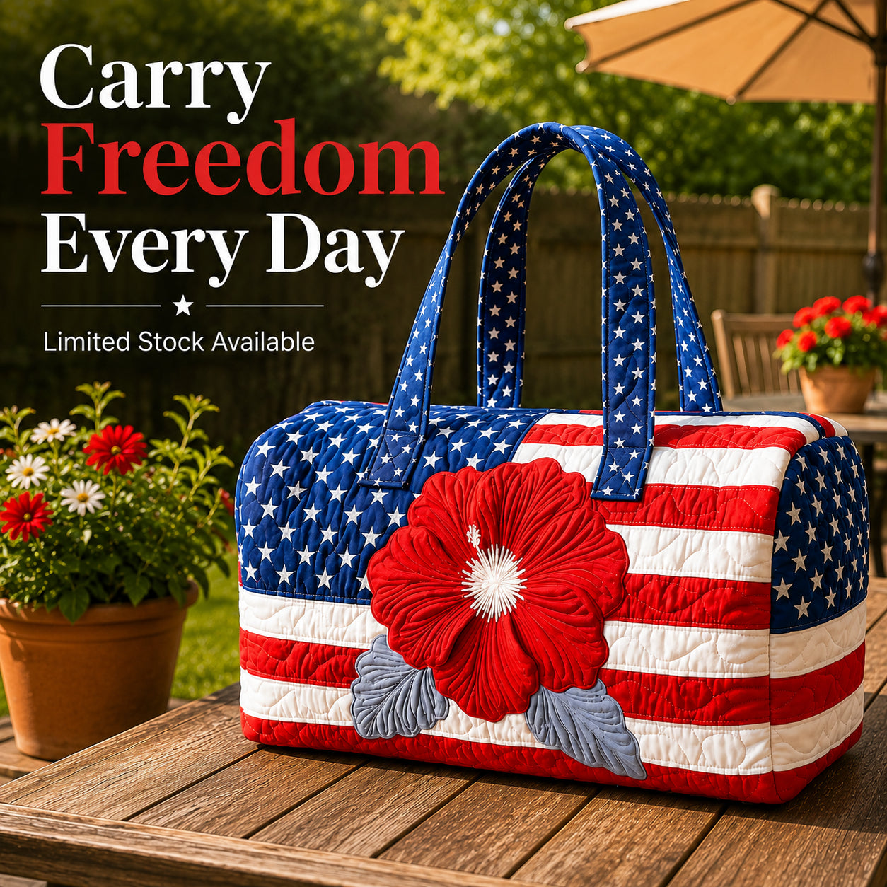 💙Patriotic Quilted Tote Bag | 3D Floral American Flag Travel Duffel