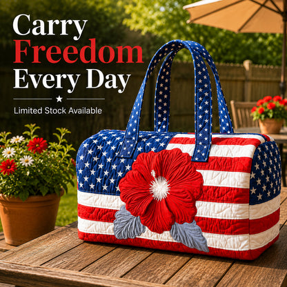💙Patriotic Quilted Tote Bag | 3D Floral American Flag Travel Duffel