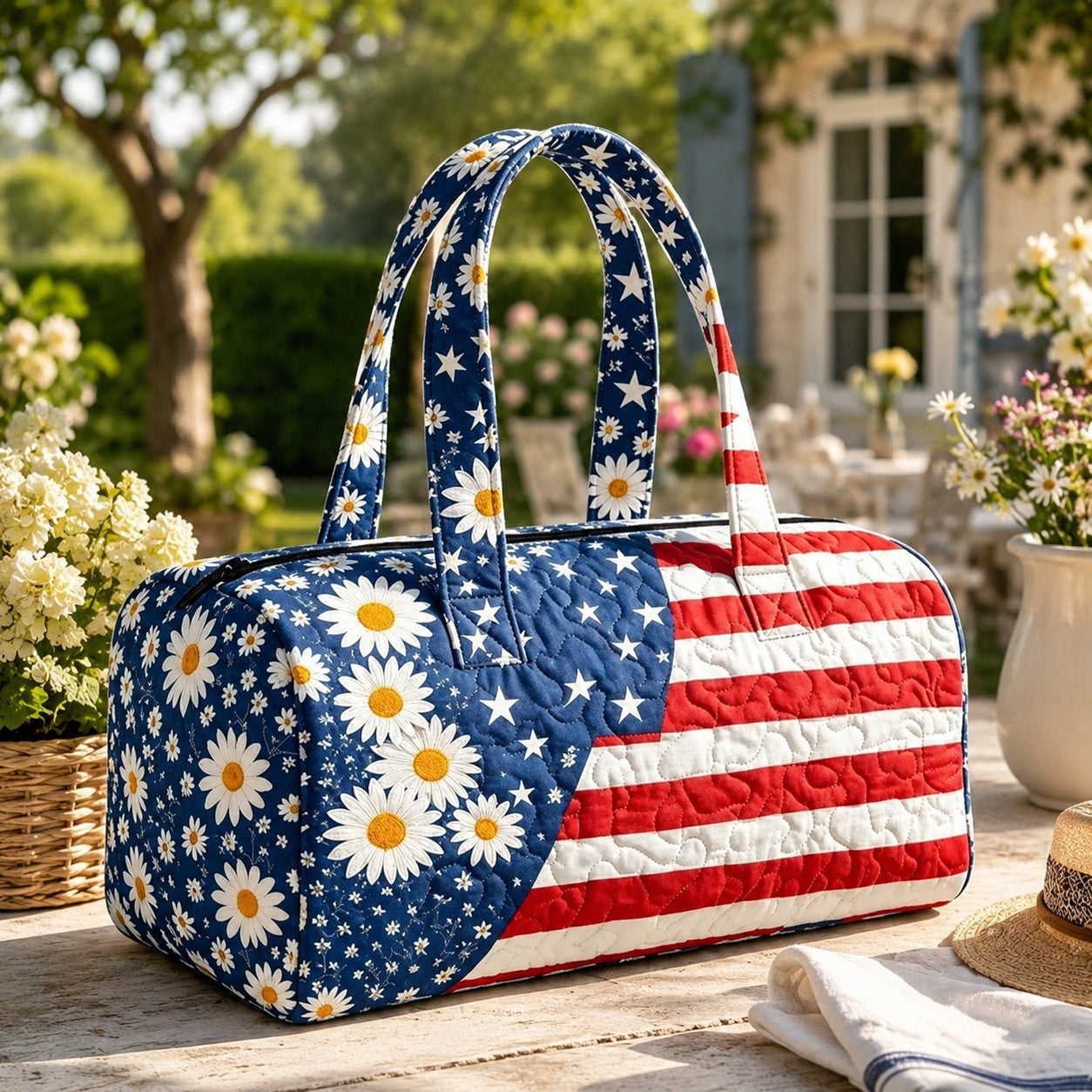💙Patriotic Quilted Tote Bag | 3D Floral American Flag Travel Duffel