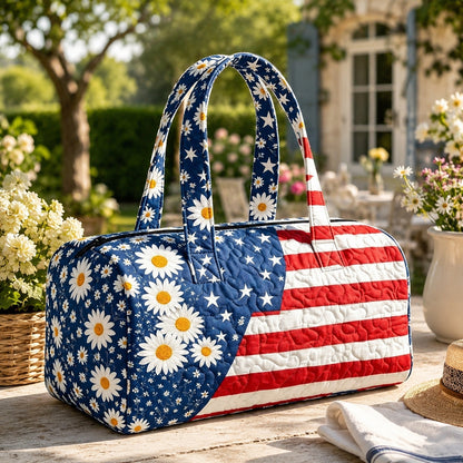 💙Patriotic Quilted Tote Bag | 3D Floral American Flag Travel Duffel