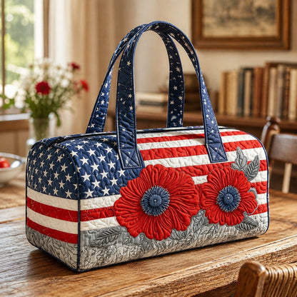 💙Patriotic Quilted Tote Bag | 3D Floral American Flag Travel Duffel