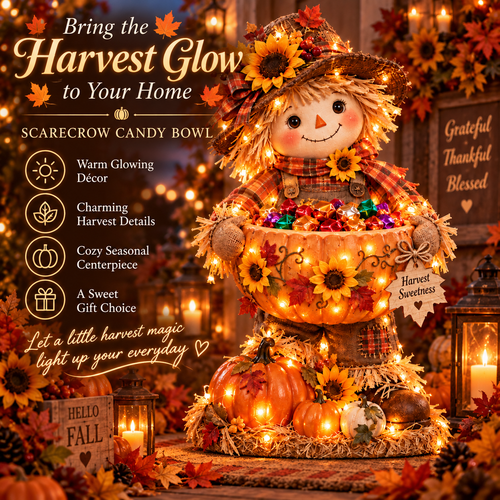 🎃🍂 Harvest Glow – Light-Up Scarecrow Candy Bowl | Halloween & Fall Porch Decor