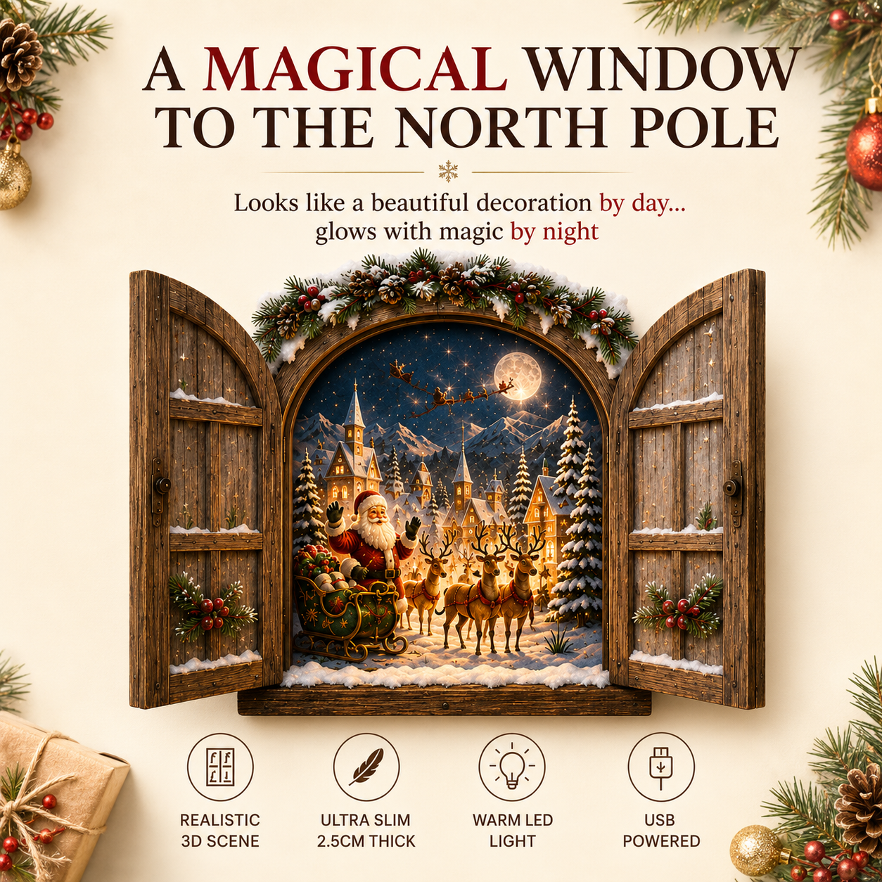 🎅 ✨Santa’s Secret Window Light – 3D Lighted North Pole Christmas Wall Decor