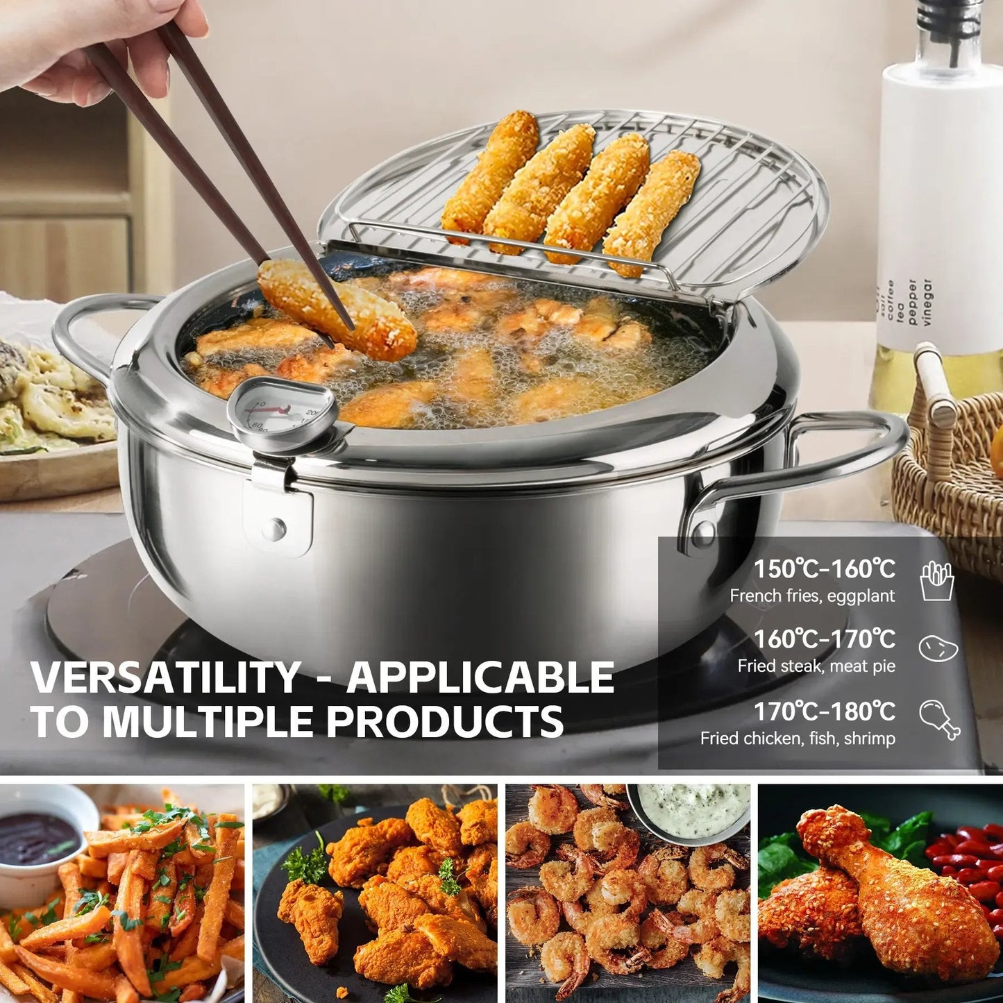 🥗Kitchen Essentials 🍳 304 Stainless Steel Frying Pot with Thermometer and Oil Drip Drainer Rack🎉