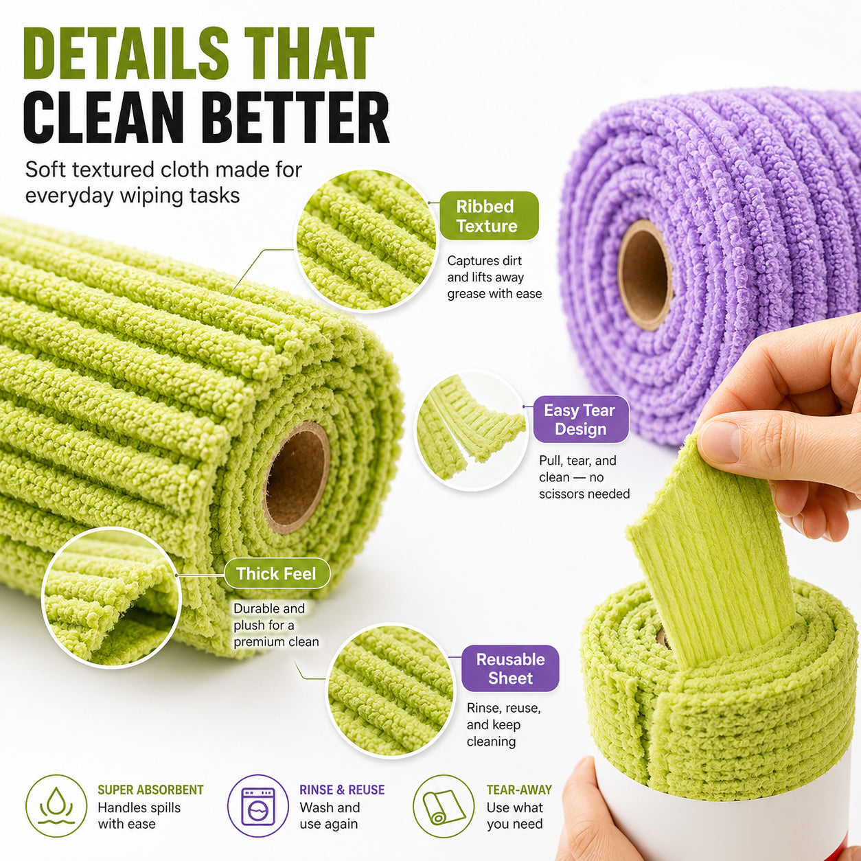 🧼 Reusable Cleaning Cloth Roll ✨ Tear Off, Wash & Reuse