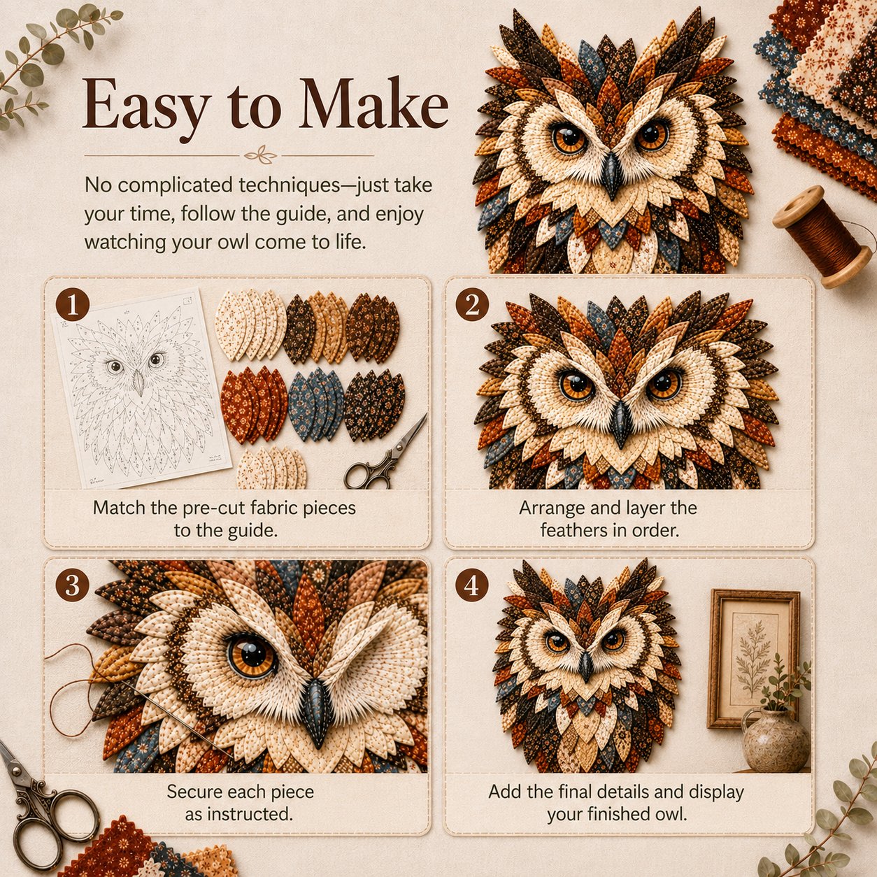 💥 LAST DAY 49% OFF - 🦉 Layered Fabric Owl Wall Art DIY Kit – Relaxing Craft, Beautiful Results (📦Buy 3 Free Shipping)