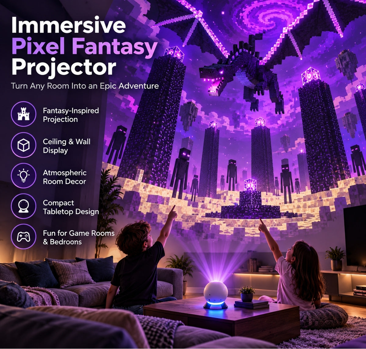 🎮 Pixel Fantasy Scene Projector – Ambient Decor for Gaming Rooms