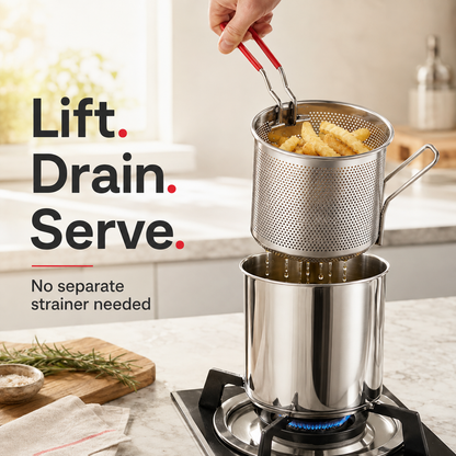 🔥2026🍟 Personal Mini Deep Fryer Set – Stainless Steel Pot with Lift-Out Draining Basket & Food Tongs