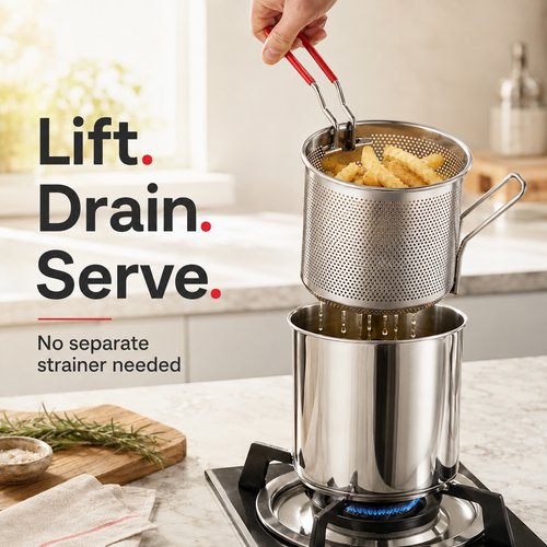 🔥2026🍟 Personal Mini Deep Fryer Set – Stainless Steel Pot with Lift-Out Draining Basket & Food Tongs