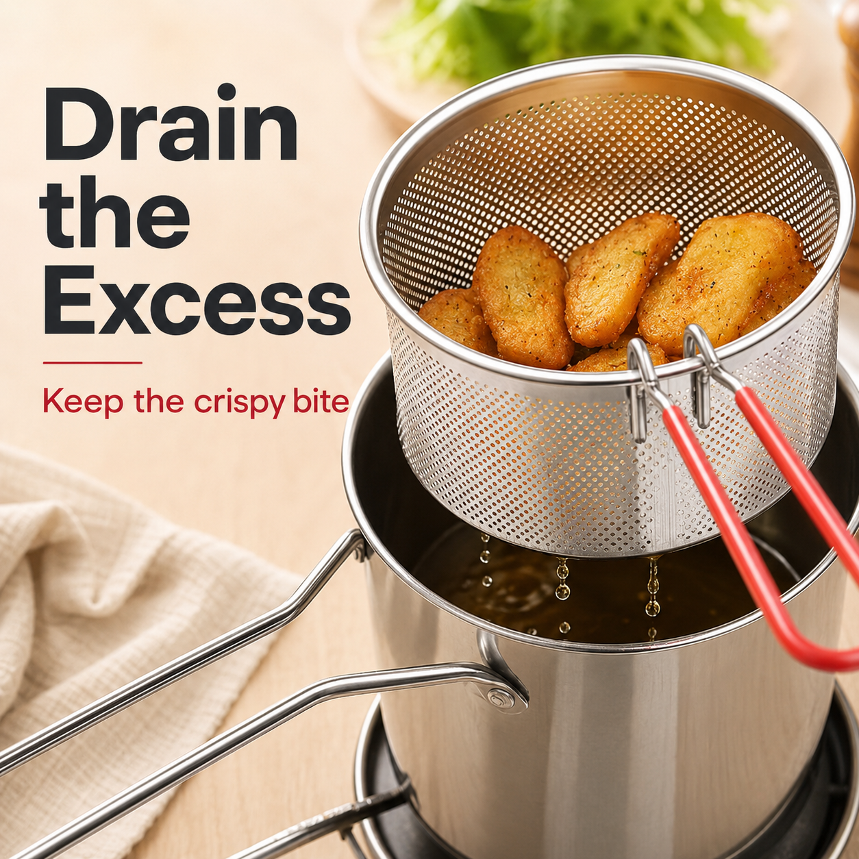 🔥2026🍟 Personal Mini Deep Fryer Set – Stainless Steel Pot with Lift-Out Draining Basket & Food Tongs