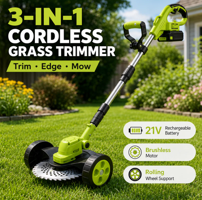 🔥💪Effortlessly Mow Your Lawn 🌿21V 3-in-1 Cordless Trimmer Edger Mini Mower (Batteries Included)