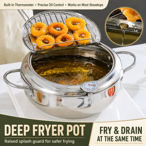 🥗Kitchen Essentials 🍳 304 Stainless Steel Frying Pot with Thermometer and Oil Drip Drainer Rack🎉