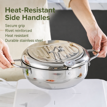 🥗Kitchen Essentials 🍳 304 Stainless Steel Frying Pot with Thermometer and Oil Drip Drainer Rack🎉