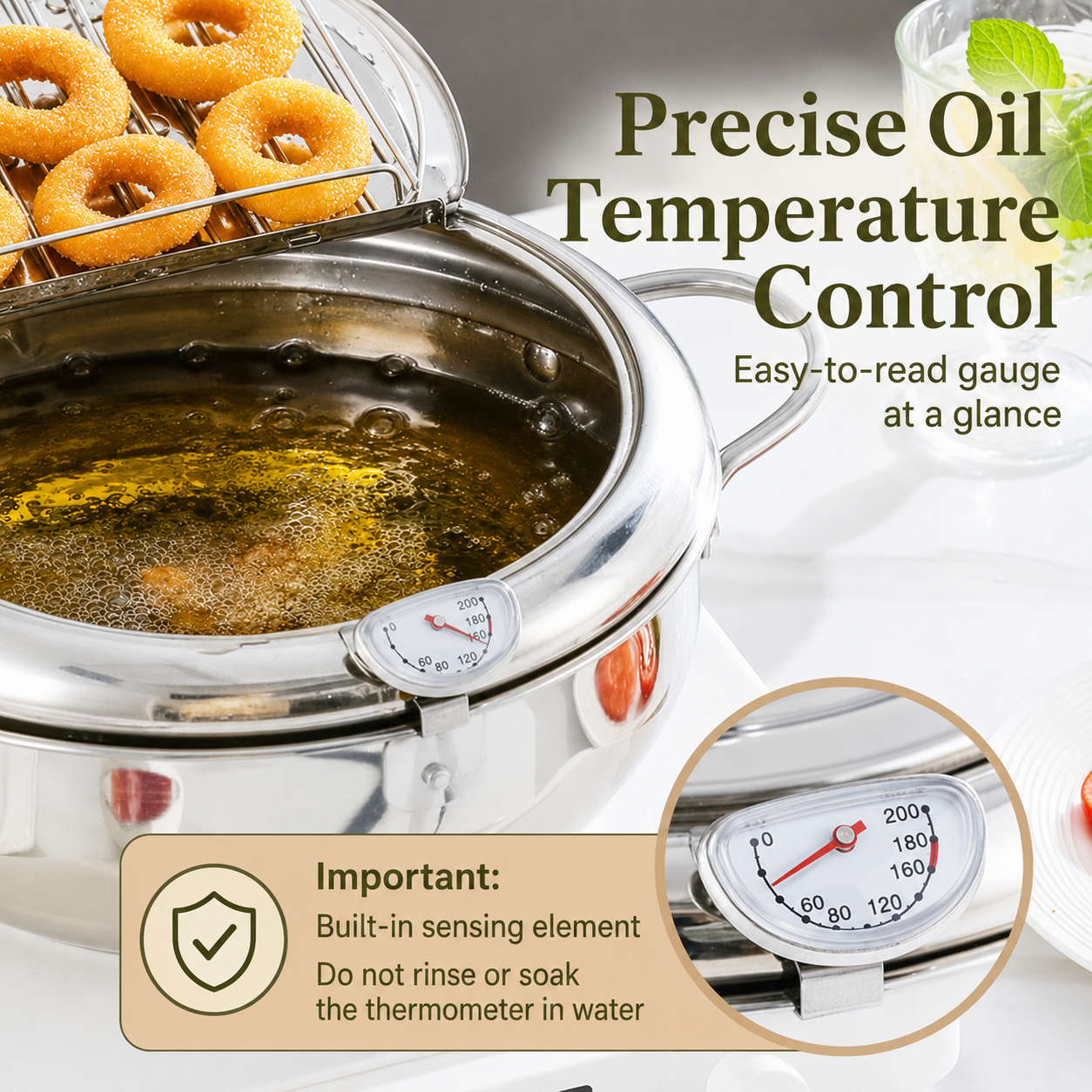 🥗Kitchen Essentials 🍳 304 Stainless Steel Frying Pot with Thermometer and Oil Drip Drainer Rack🎉