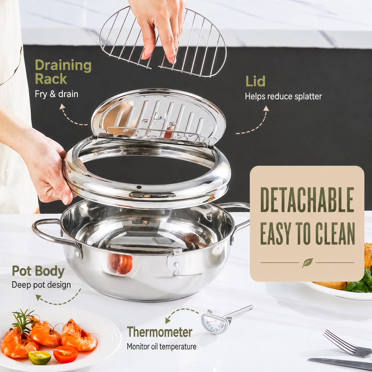 🥗Kitchen Essentials 🍳 304 Stainless Steel Frying Pot with Thermometer and Oil Drip Drainer Rack🎉