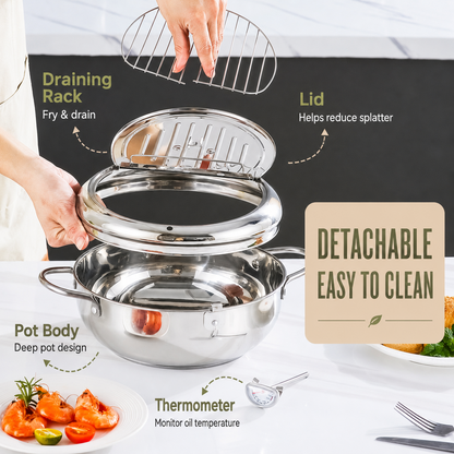 🥗Kitchen Essentials 🍳 304 Stainless Steel Frying Pot with Thermometer and Oil Drip Drainer Rack🎉