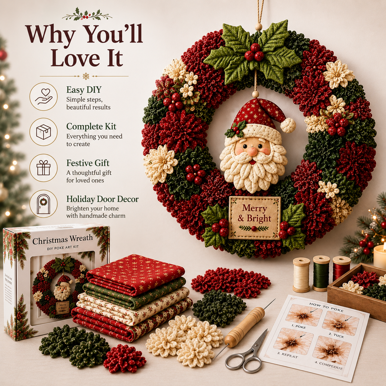 🎄 Christmas Fabric Wreath DIY Kit – Festive Holiday Door Decor