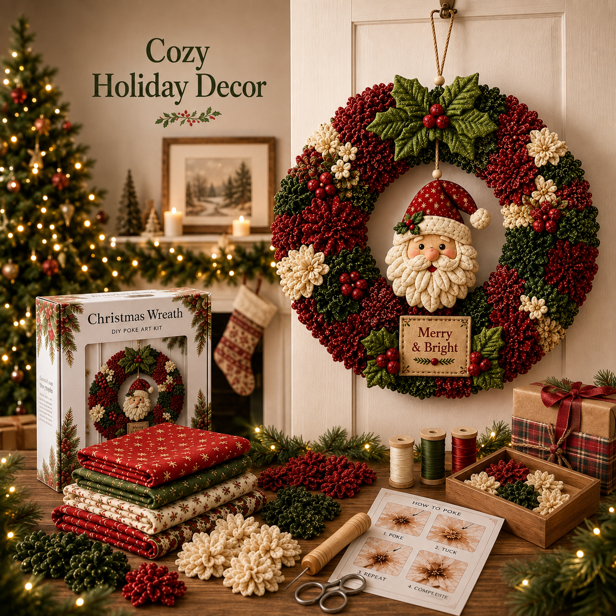 🎄 Christmas Fabric Wreath DIY Kit – Festive Holiday Door Decor
