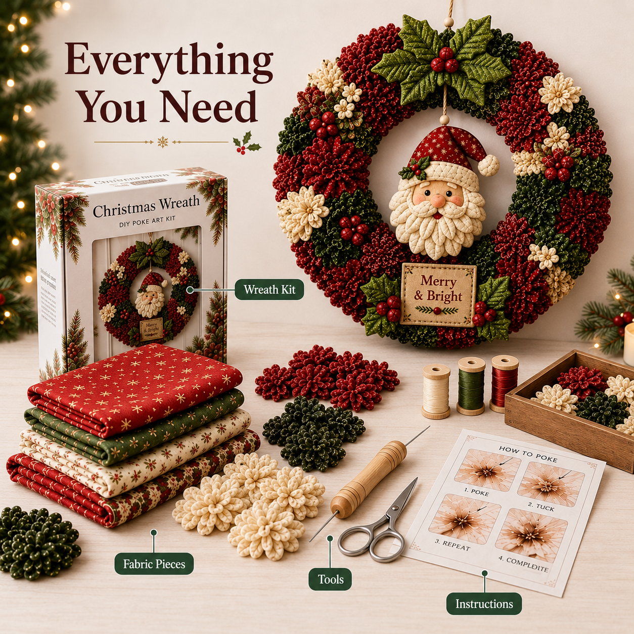 🎄 Christmas Fabric Wreath DIY Kit – Festive Holiday Door Decor