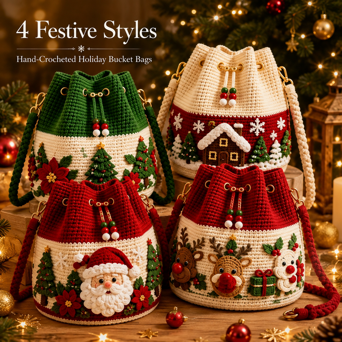 🎄Christmas Crochet Bucket Crossbody Bag 🎅 Festive Holiday Women Handbag Gift