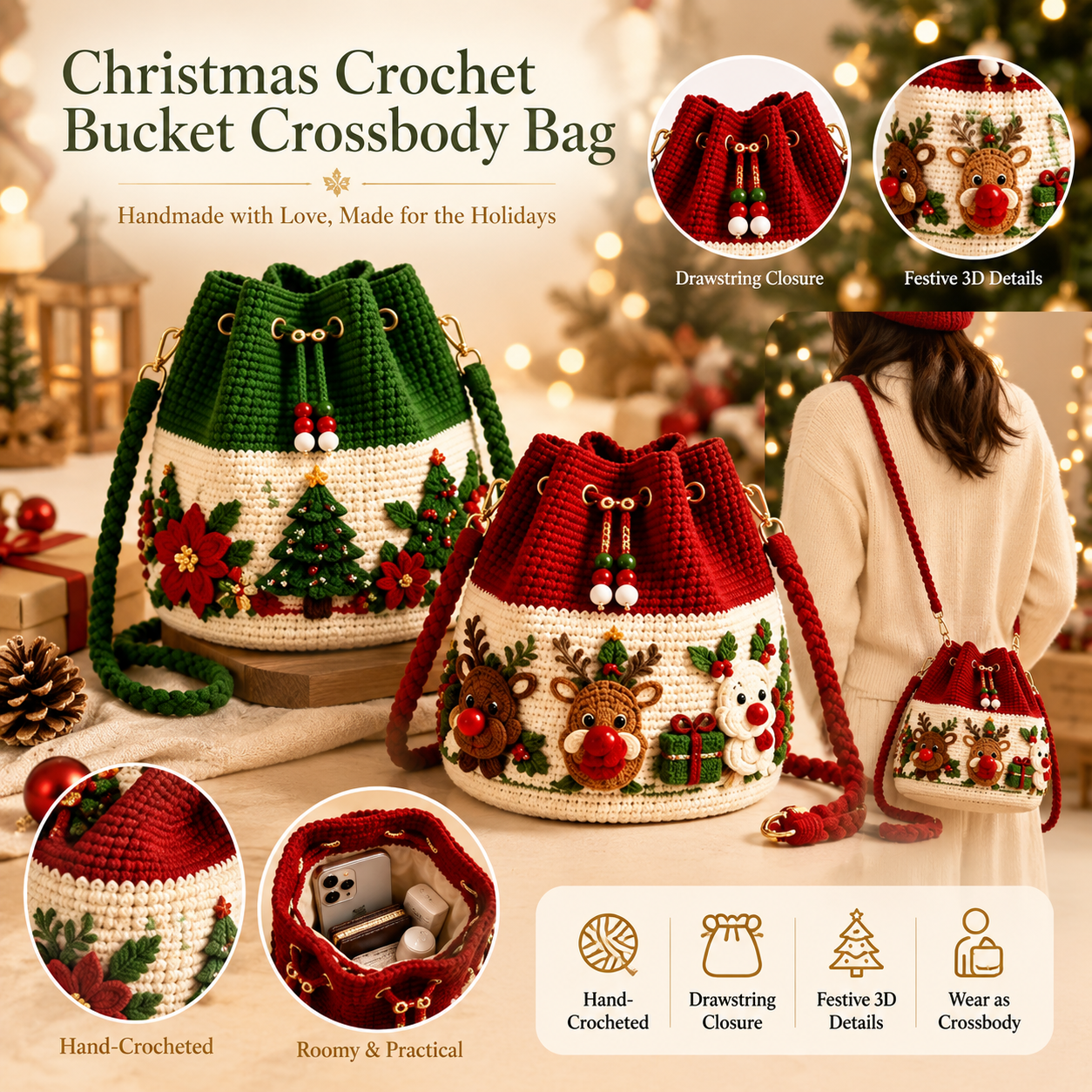 🎄Christmas Crochet Bucket Crossbody Bag 🎅 Festive Holiday Women Handbag Gift