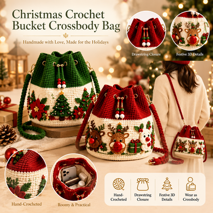 🎄Christmas Crochet Bucket Crossbody Bag 🎅 Festive Holiday Women Handbag Gift