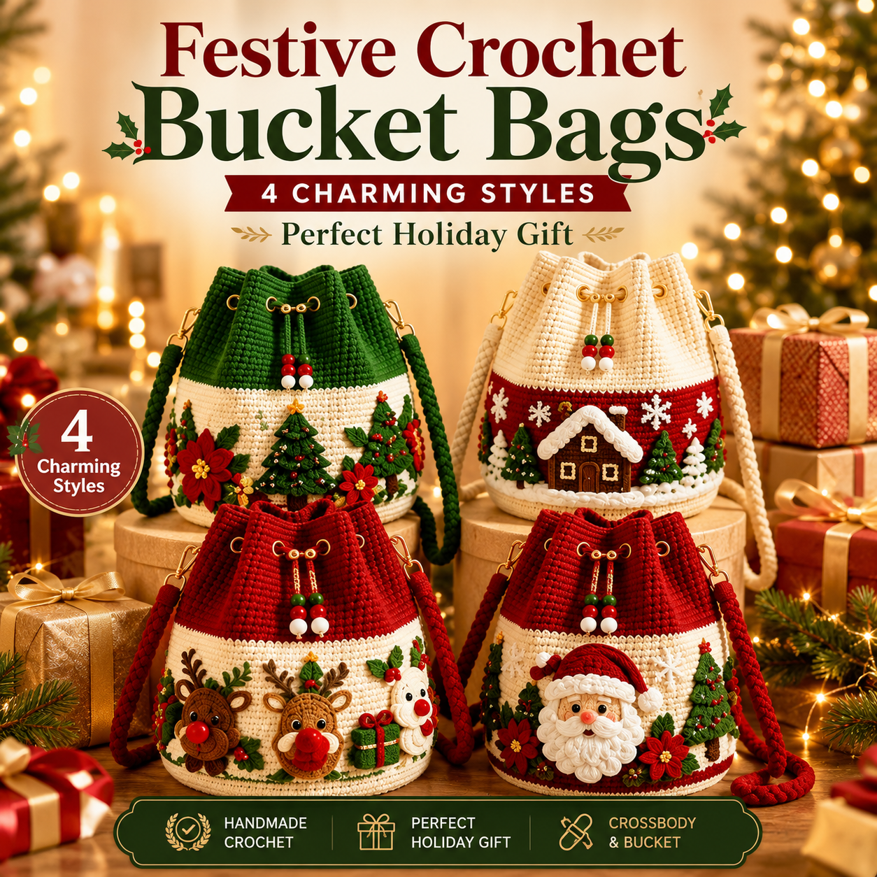🎄Christmas Crochet Bucket Crossbody Bag 🎅 Festive Holiday Women Handbag Gift