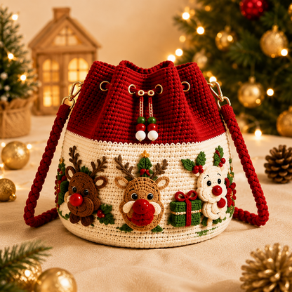 🎄Christmas Crochet Bucket Crossbody Bag 🎅 Festive Holiday Women Handbag Gift