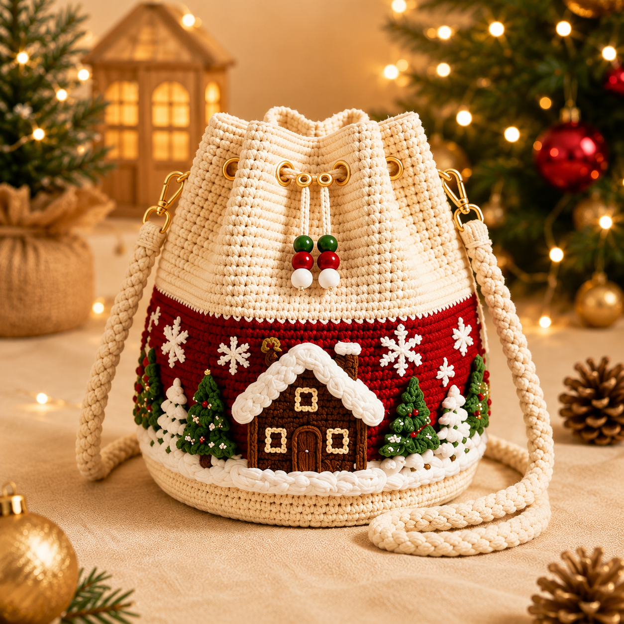 🎄Christmas Crochet Bucket Crossbody Bag 🎅 Festive Holiday Women Handbag Gift
