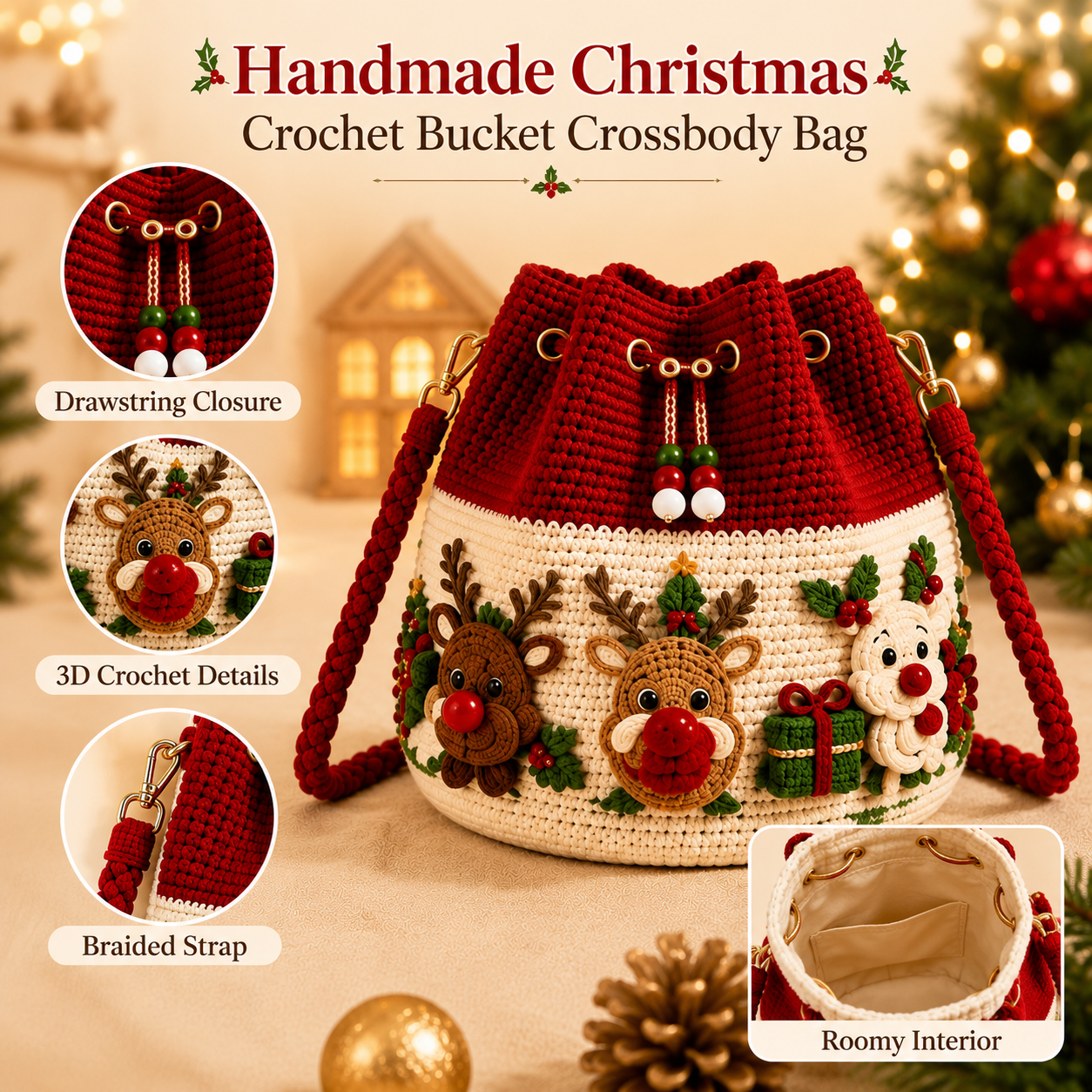 🎄Christmas Crochet Bucket Crossbody Bag 🎅 Festive Holiday Women Handbag Gift