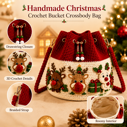 🎄Christmas Crochet Bucket Crossbody Bag 🎅 Festive Holiday Women Handbag Gift