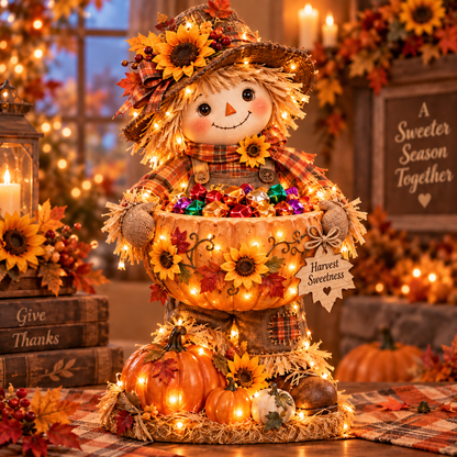 🎃🍂 Harvest Glow – Light-Up Scarecrow Candy Bowl | Halloween & Fall Porch Decor