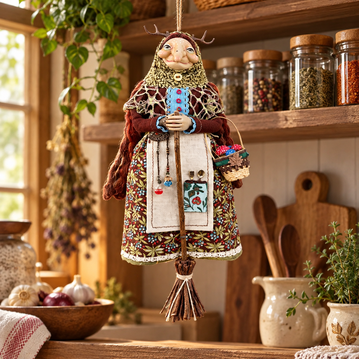 🧙‍♀️✨ Handmade Kitchen Witch Doll – Whimsical Home & Kitchen Decor