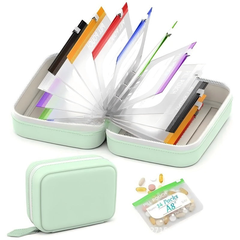 💊A8 Waterproof 14-Pouch Weekly Pill Organizer, Color-Coded Travel Storage for Vitamins & Supplements