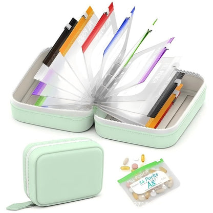 💊A8 Waterproof 14-Pouch Weekly Pill Organizer, Color-Coded Travel Storage for Vitamins & Supplements