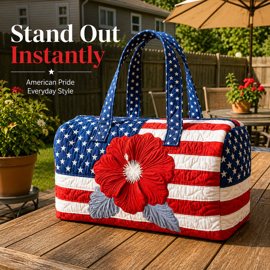 💙Patriotic Quilted Tote Bag | 3D Floral American Flag Travel Duffel
