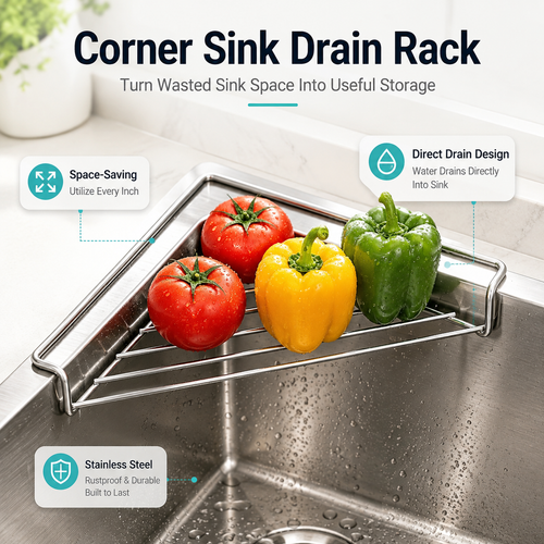 🔥Stainless Steel Corner Sink Drain Rack | Kitchen Organizer🏠