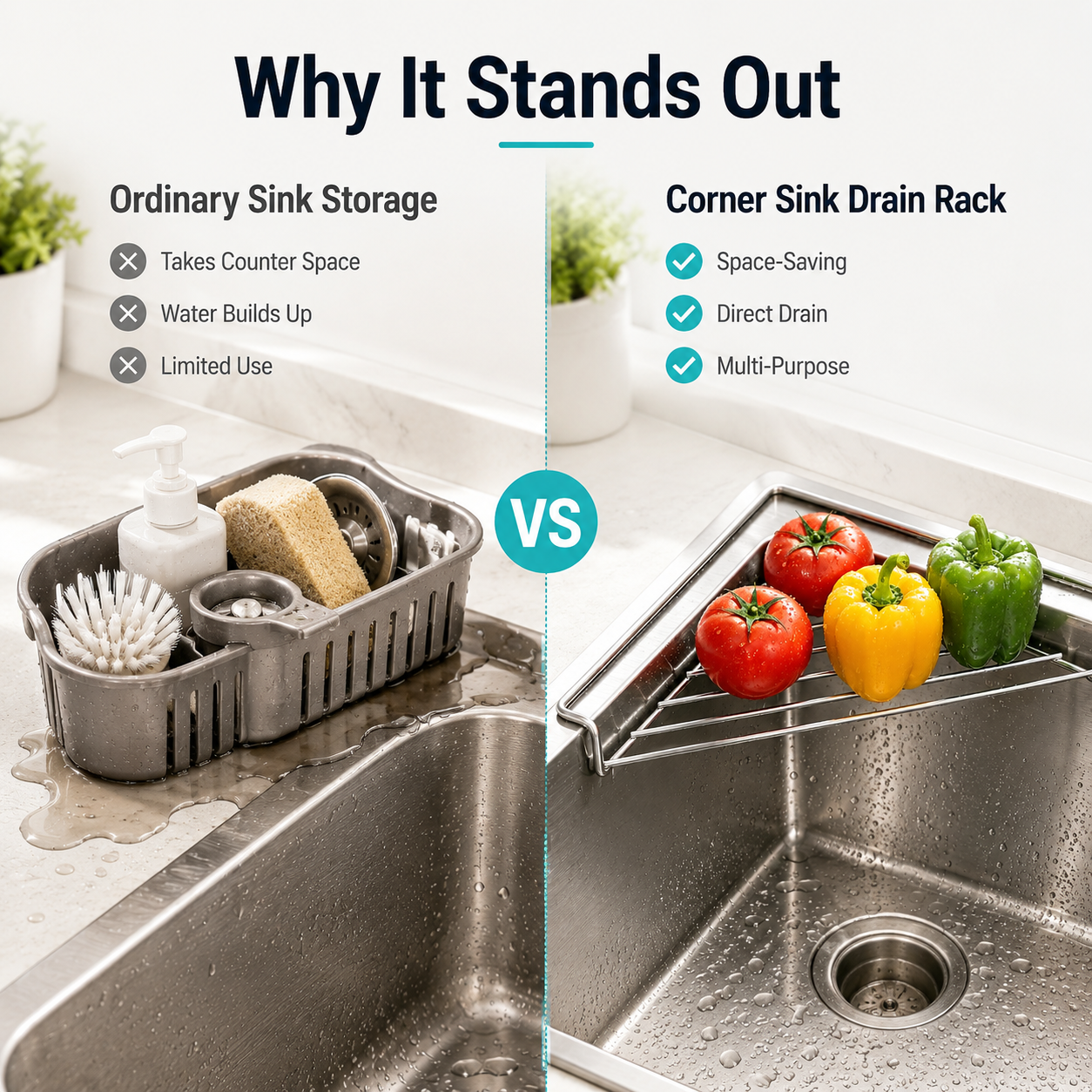 🔥Stainless Steel Corner Sink Drain Rack | Kitchen Organizer🏠